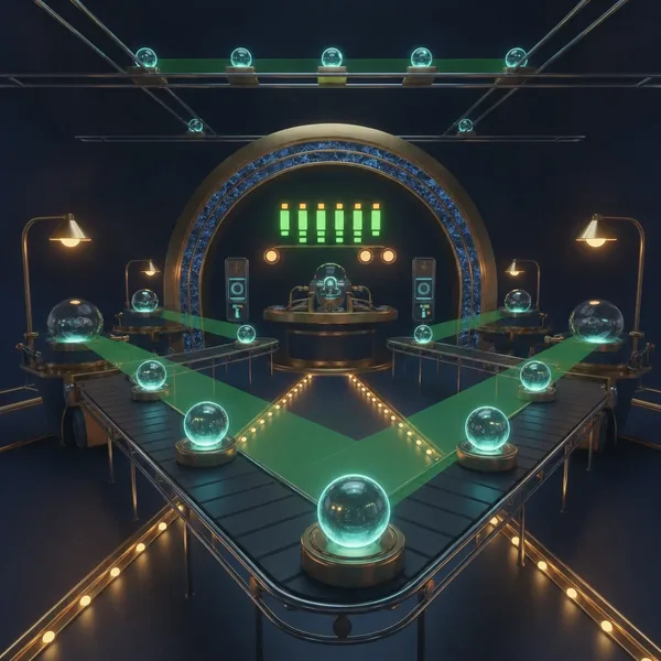 A factory quality gate receiving round beads from agent stations.